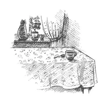 Vector image of a table with a tablecloth and a window on which there are Stock Illustration