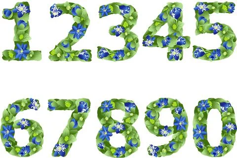 Vector image of ten Arabic numerals in the form of flowers and liverwort leav Stock Illustration