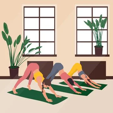 Vector image of three girls doing yoga in a classroom Stock Illustration