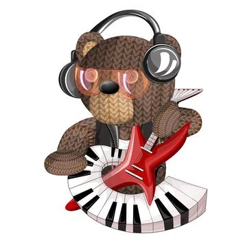 Vector image of a toy bear with musical instruments in headphones for sound r イラスト素材