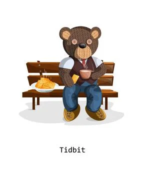 Vector image of a toy bear sitting with a cup and a treat. Concept. EPS 10 Stock Illustration