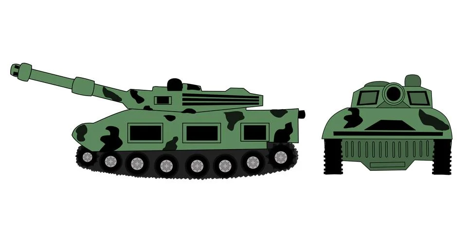 Vector image of a toy tank on the side and front in green and black Stock Illustration