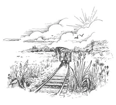Vector image of a train departing on rails into the distance in a field. 库存插图