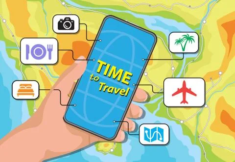 Vector image for travelling mobile application over map background Ilustração Stock