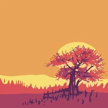 Vector image of a tree in the middle of the savanna at sunset Stock Illustration