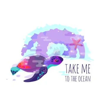 Vector image of turtle, or sea fauna. Lettering phrase "take me to the ocean" Stock-Illustration