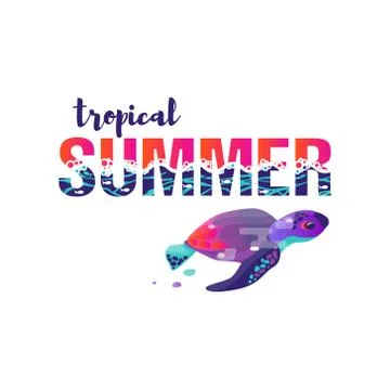 Vector image of turtle. A vivid abstract. Lettering the phrase "tropical summer" Stock Illustration