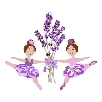 Vector image of two ballerina princesses with a bouquet of lavender Stock Illustration