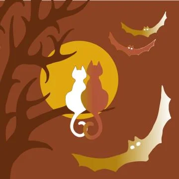 Vector image of two cats sitting on the branches of a tree at a full moon Stock Illustration