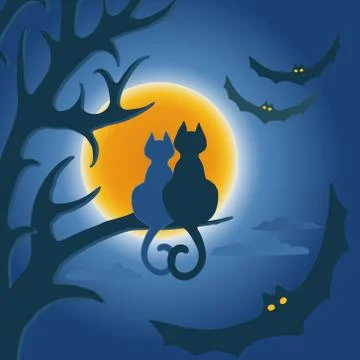 Vector image of two cats sitting on the branches of a tree at a full moon 库存插图