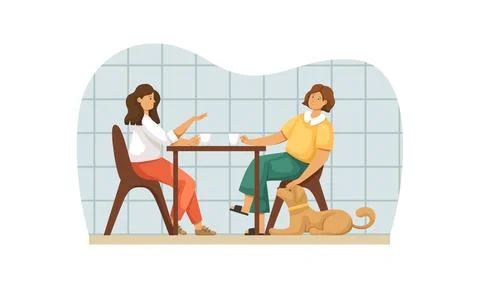 Vector image of a two friends with a dog are sitting at a table drinking coffee Illustrazione stock