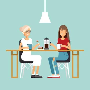 Vector image of two girls at the cafe Stock Illustration