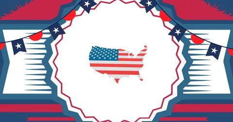 Vector image of usa map with american flag and buntings over label. Ilustração Stock