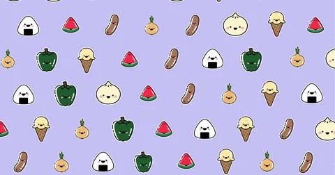 Vector image of various food with smiley faces against purple background, copy Stock Illustration