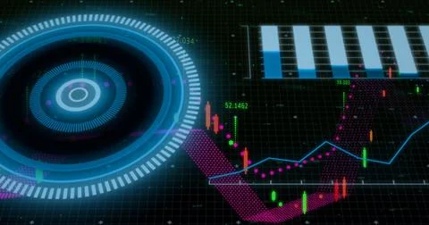 Vector image of various graphs with blowing blue circular pattern Illustrazione stock