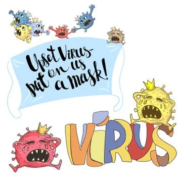 Vector image of various scared and crying virus bacteria in the crown, as well Stock Illustration