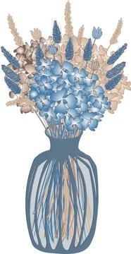 Vector image of a vase with dried flowers in blue and beige tones Stock Illustration