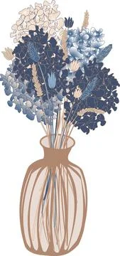 Vector image of a vase with dried flowers in blue and beige tones Stock Illustration