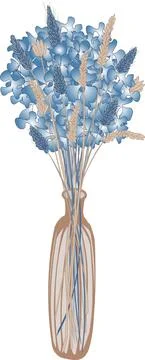 Vector image of a vase with hydrangea and dried flowers in blue and beige Stock Illustration