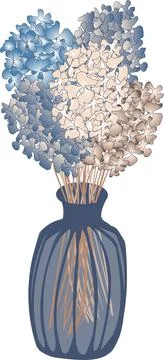 Vector image of a vase with hydrangea flowers in blue and beige tones Stock Illustration