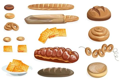 Vector image of white bread and other flour products. Cartoon style. Isolated Stock Illustration