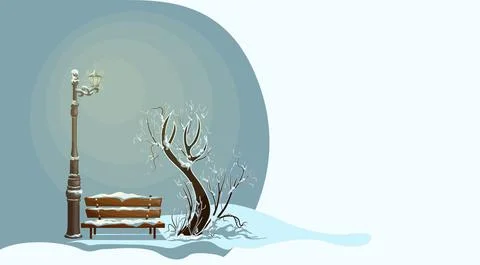 Vector image of a winter landscape. A tree with a bench under a luminous lant Ilustración de archivo