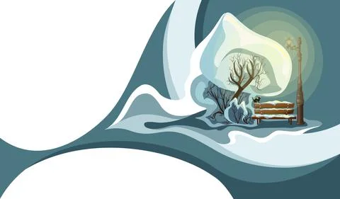 Vector image of a winter landscape. A tree with a bench under a luminous lant Ilustración de archivo