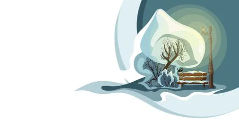Vector image of a winter landscape. A tree with a bench under a luminous lant Ilustración de archivo