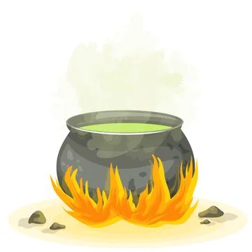 Vector image of a witch's pot with a potion brewing on a fire.Halloween. Cart Stock Illustration