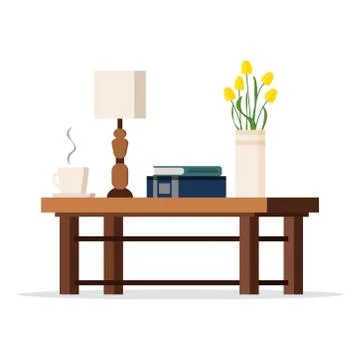 Vector image of wood coffe table with lamp, vase with tulips, books, cup. Illustrazione stock