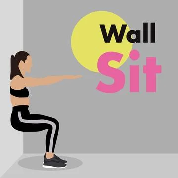 Vector image of young woman practicing wall sit exercise. Illustrazione stock