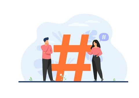 Vector image of youngsters discussing on hashtag. Stock Illustration