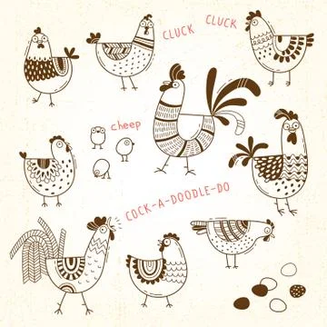 Vector images of chickens, hens, cocks, eggs in cartoon style, line art Illustrazione stock