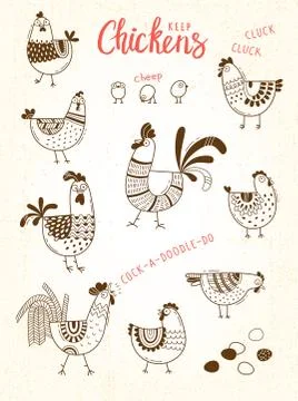 Vector images of chickens, hens, cocks, eggs in cartoon style, line art Stock Illustration