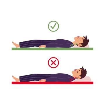 Vector incorrect correct back sleeping man posture Stock Illustration