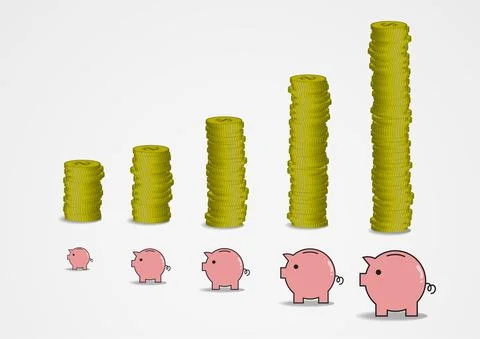 Vector : Increase piles of coins and piggy banks on white background Stock Illustration