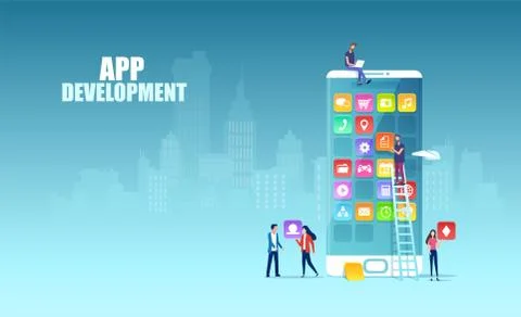 Vector of Independent software professionals developing new apps for mobile d Illustrazione stock