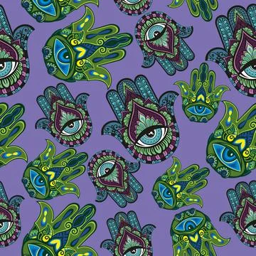 Vector Indian hand drawn hamsa symbol seamless pattern Stock Illustration