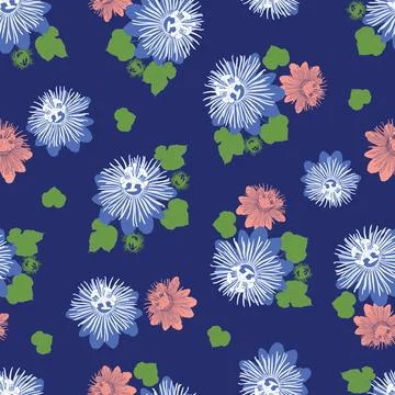 Vector indigo blue seamless pattern with leaves and wild flower. Surface patt Stock Illustration