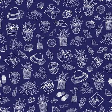 Vector indigo blue tropical beach resort spa repeat pattern with many element Stock Illustration