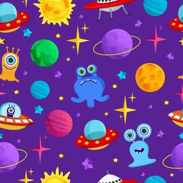 Vector infinite pattern on a space theme with planets, UFOs and aliens. Flat- Stock Illustration