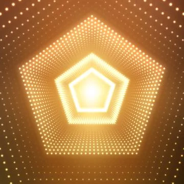 Vector infinite pentagonal tunnel of shining flares on orange background. Glo Stock Illustration