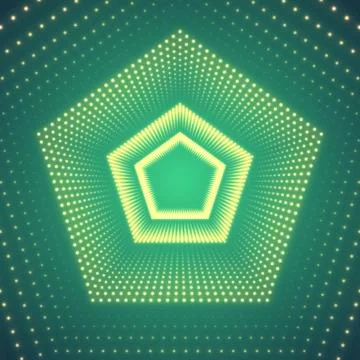 Vector infinite pentagonal tunnel of shining flares on green background. Glow Stock Illustration
