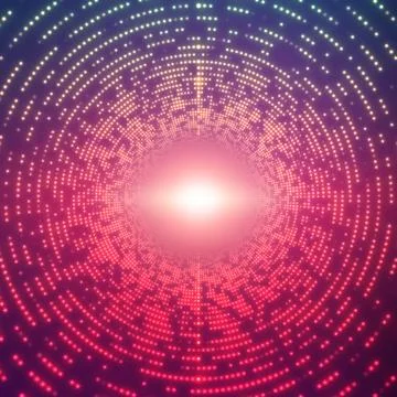 Vector infinite round tunnel of shining flares on violet background. Glowing  Stock Illustration
