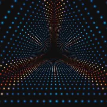 Vector infinite triangular tunnel of colorful circles on dark background. Sph Ilustración de archivo