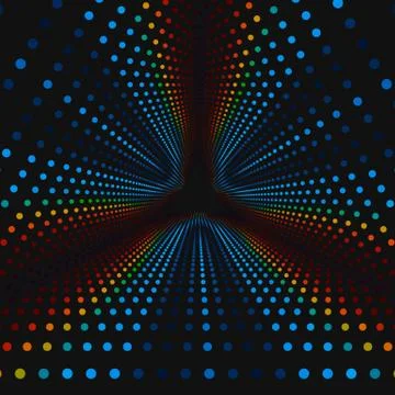 Vector infinite triangular tunnel of colorful circles on dark background. Sph Stock Illustration