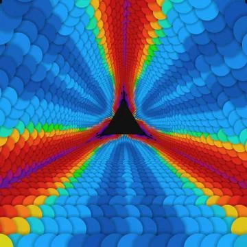Vector infinite triangular tunnel of colorful circles on dark background. Sph Ilustración de archivo