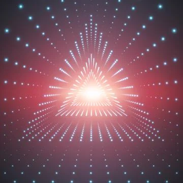 Vector infinite triangular tunnel of shining flares on red background. Glowin Illustrazione stock