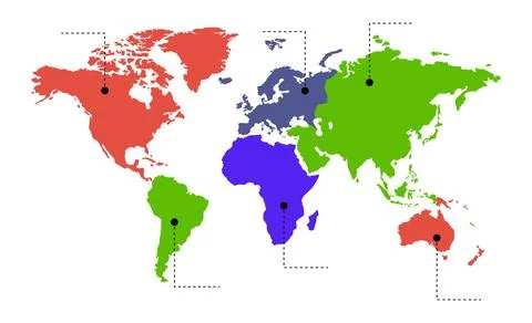 Vector. Info graphics. The world map is divided into six continents color. Stock Illustration