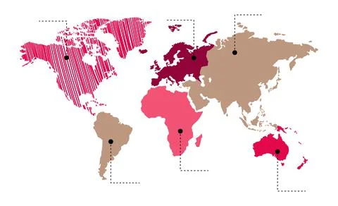 Vector. Info graphics. The world map, six continents in beige and pink colors Stock Illustration